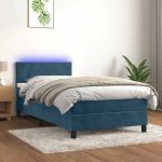Pat continental cu saltea&LED albastru închis 80×200 cm catifea