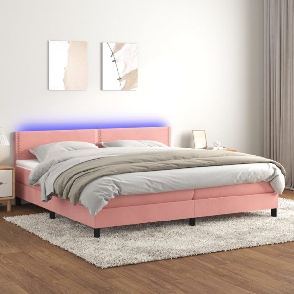 Pat cu arcuri, saltea & LED, roz, 200×200 cm, catifea