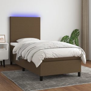 Pat cu arcuri, saltea și LED, maro închis, 80×200 cm, textil