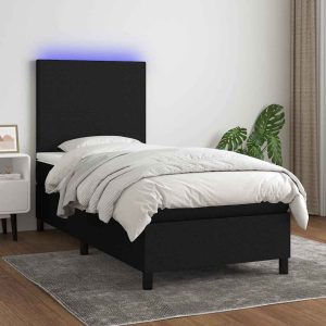 Pat cu arcuri, saltea și LED, negru, 90×190 cm, textil