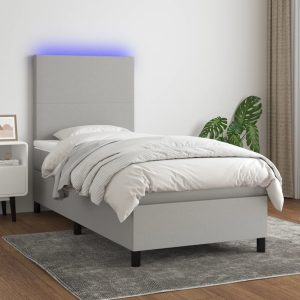 Pat cu arcuri, saltea și LED, gri deschis, 100×200 cm, textil