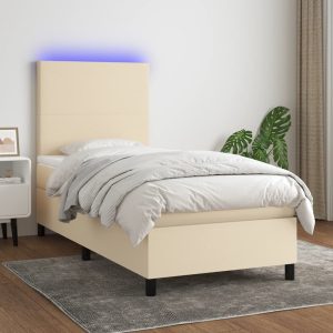 Pat cu arcuri, saltea și LED, crem, 100×200 cm, textil