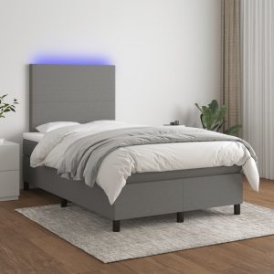 Pat cu arcuri, saltea și LED, gri închis, 120×200 cm, textil