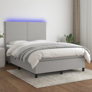 Pat cu arcuri, saltea și LED, gri deschis, 140×190 cm, textil