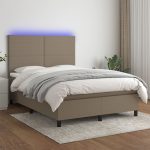 Pat cu arcuri, saltea și LED, gri taupe, 140×200 cm, textil