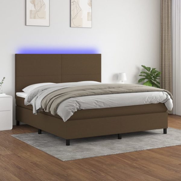 Pat cu arcuri, saltea și LED, maro închis, 160×200 cm, textil