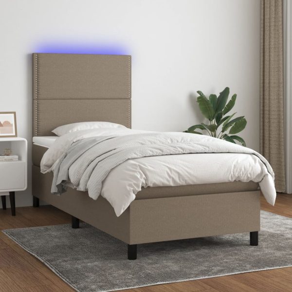 Pat cu arcuri, saltea și LED, gri taupe, 90×190 cm, textil