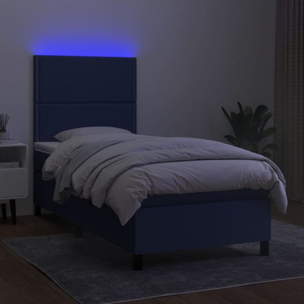 Pat cu arcuri, saltea și LED, albastru, 90×190 cm, textil