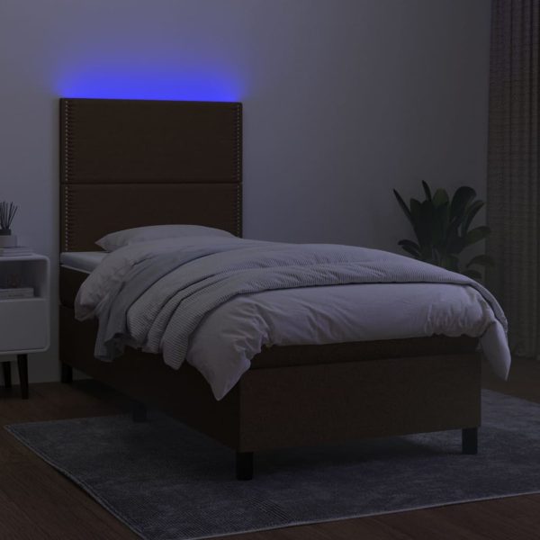 Pat cu arcuri, saltea și LED, maro închis, 90×200 cm, textil