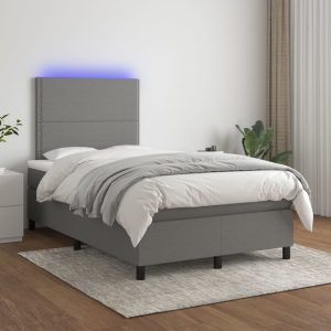 Pat cu arcuri, saltea și LED, gri închis, 120×200 cm, textil