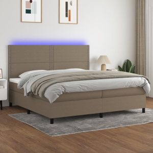 Pat cu arcuri, saltea și LED, gri taupe, 200×200 cm, textil