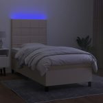 Pat cu arcuri, saltea și LED, crem, 90×200 cm, textil