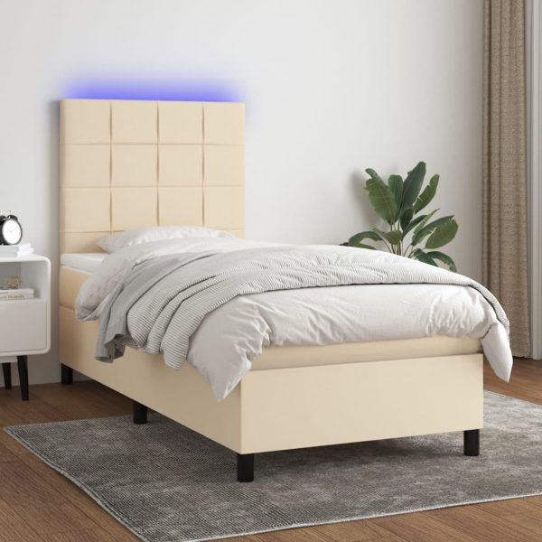 Pat cu arcuri, saltea și LED, crem, 90×200 cm, textil