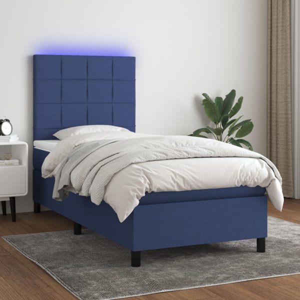 Pat cu arcuri, saltea și LED, albastru, 120×200 cm, textil