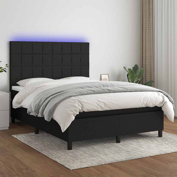 Pat cu arcuri, saltea și LED, negru, 140×190 cm, textil