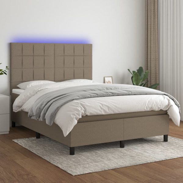Pat cu arcuri, saltea și LED, gri taupe, 140×190 cm, textil