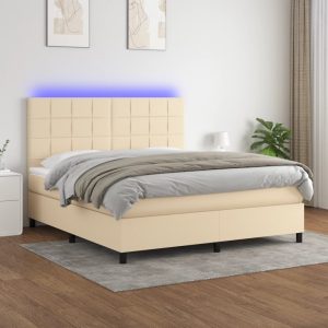Pat cu arcuri, saltea și LED, crem, 160×200 cm, textil