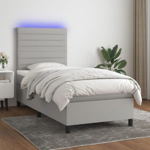 Pat cu arcuri, saltea și LED, gri deschis, 90×190 cm, textil