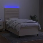 Pat cu arcuri, saltea și LED, crem, 90×190 cm, textil
