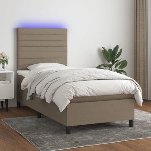 Pat cu arcuri, saltea și LED, gri taupe, 90×200 cm, textil