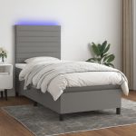 Pat cu arcuri, saltea și LED, gri închis, 100×200 cm, textil