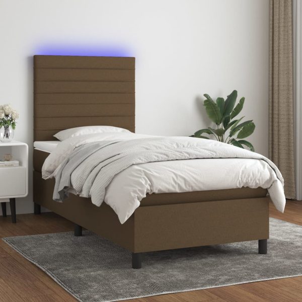 Pat cu arcuri, saltea și LED, maro închis, 100×200 cm, textil