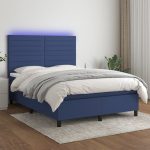 Pat cu arcuri, saltea și LED, albastru, 140×190 cm, textil