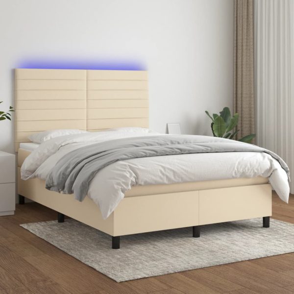 Pat cu arcuri, saltea și LED, crem, 140×200 cm, textil