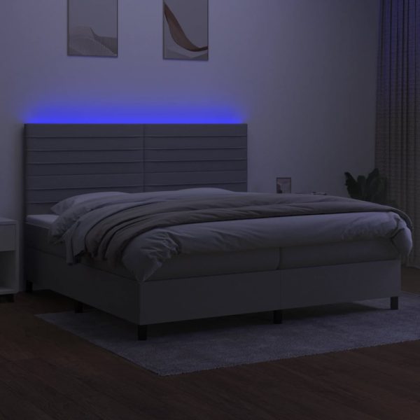 Pat cu arcuri, saltea și LED, gri deschis, 200×200 cm, textil