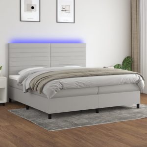 Pat cu arcuri, saltea și LED, gri deschis, 200×200 cm, textil
