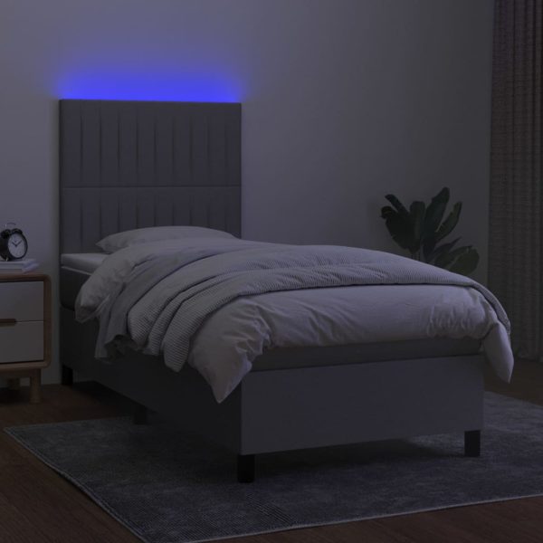 Pat cu arcuri, saltea și LED, gri deschis, 90×190 cm, textil