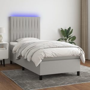 Pat cu arcuri, saltea și LED, gri deschis, 90×190 cm, textil
