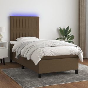Pat cu arcuri, saltea și LED, maro închis, 90×190 cm, textil