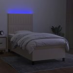 Pat cu arcuri, saltea și LED, crem, 90×190 cm, textil
