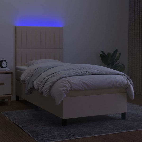 Pat cu arcuri, saltea și LED, crem, 90×190 cm, textil