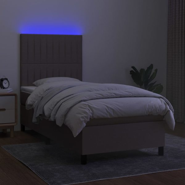 Pat cu arcuri, saltea și LED, gri taupe, 90×200 cm, textil