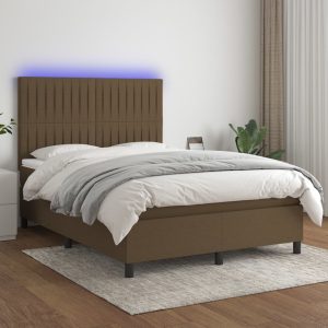 Pat cu arcuri, saltea și LED, maro închis, 140×200 cm, textil