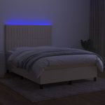 Pat cu arcuri, saltea și LED, crem, 140×200 cm, textil