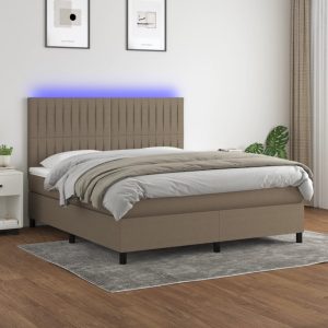 Pat cu arcuri, saltea și LED, gri taupe, 160×200 cm, textil