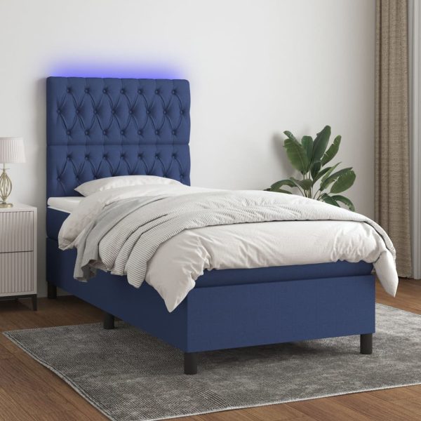 Pat cu arcuri, saltea și LED, albastru, 80×200 cm, textil