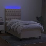 Pat cu arcuri, saltea și LED, crem, 90×190 cm, textil