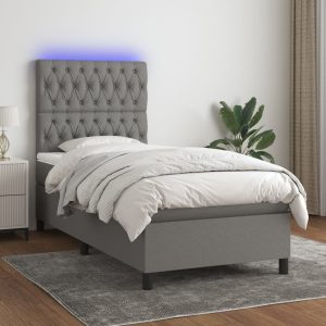 Pat cu arcuri, saltea și LED, gri închis, 100×200 cm, textil