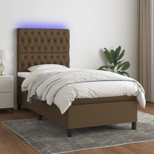 Pat cu arcuri, saltea și LED, maro închis, 100×200 cm, textil