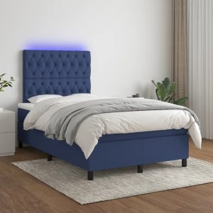 Pat cu arcuri, saltea și LED, albastru, 120×200 cm, textil