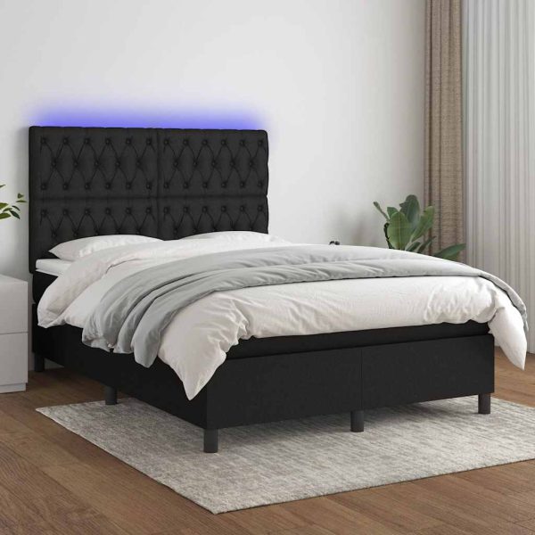 Pat cu arcuri, saltea și LED, negru, 140×190 cm, textil