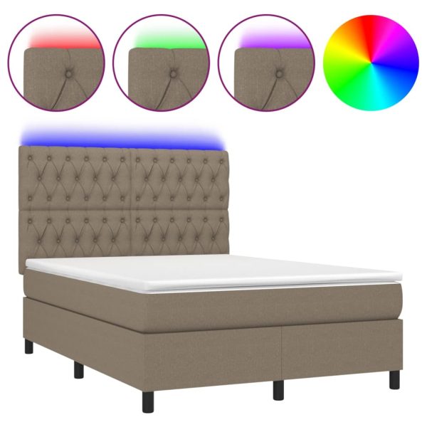 Pat cu arcuri, saltea și LED, gri taupe, 140×190 cm, textil