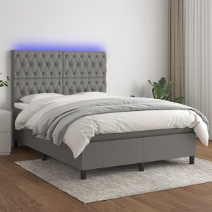 Pat cu arcuri, saltea și LED, gri închis, 140×200 cm, textil