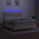 Pat cu arcuri, saltea și LED, crem, 160×200 cm, textil