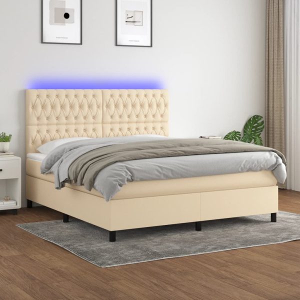Pat cu arcuri, saltea și LED, crem, 160×200 cm, textil