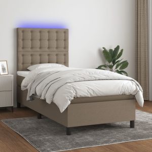 Pat cu arcuri, saltea și LED, gri taupe, 80×200 cm, textil